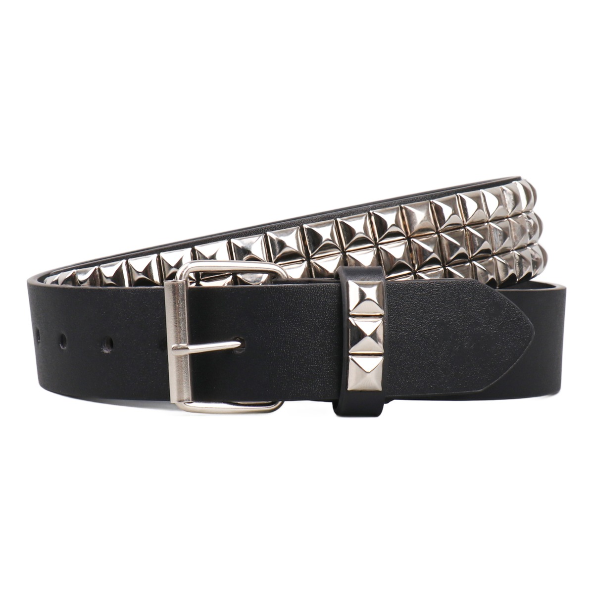 Ceinture cloutée homme en cuir PU, trois rangs de clous pyramide 1 Ceinture cloutée homme en cuir PU, trois rangs de clous pyramide, vue principale