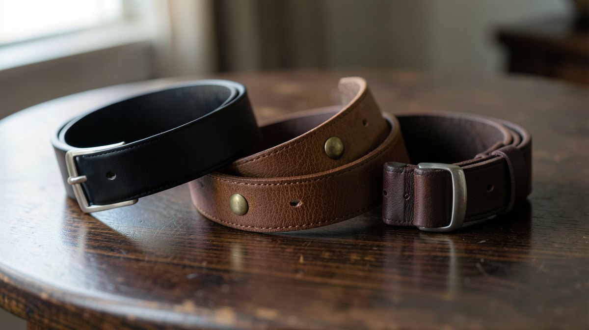 Comment choisir une ceinture homme : matière, largeur, boucle et longueur 1 Comment choisir une ceinture homme : trois ceintures en cuir noir, marron et brun foncé, boucle ardillon et boucle automatique, posées sur une table en chêne