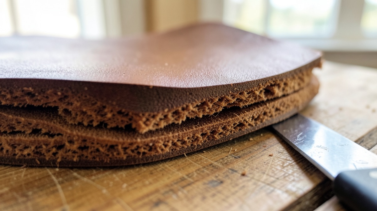Croûte de cuir : définition, qualité et usages 1 Croûte de cuir et fleur visibles sur la tranche d'une peau de vachette refendue, posée sur un établi