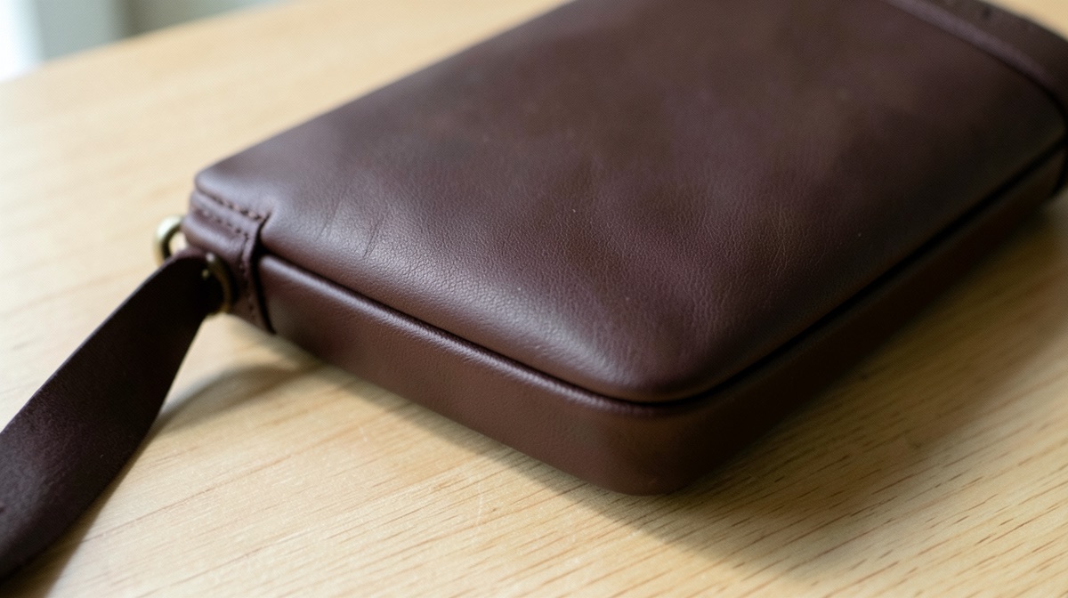 Cuir vegan : de quoi est-il fait et que vaut-il pour un sac ? 1 Cuir vegan : pochette marron en matière synthétique à dragonne posée sur une table en bois