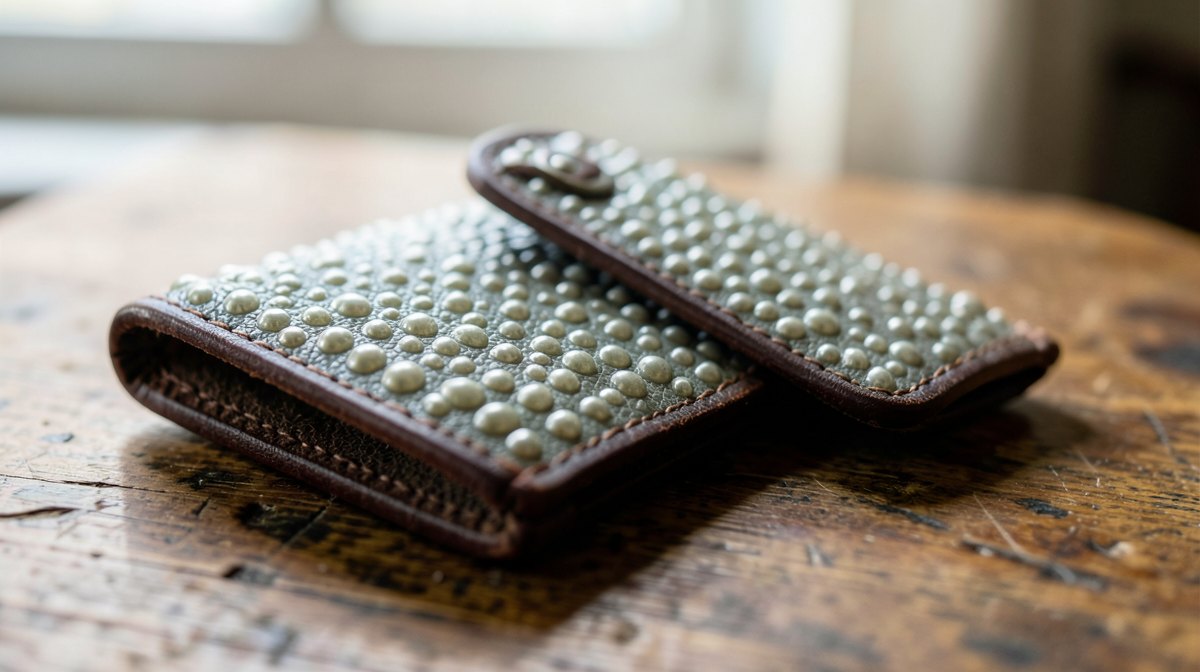 Galuchat : qu'est-ce que ce cuir de raie et comment le reconnaître ? 1 Portefeuille et étui en galuchat, cuir de raie perlé gris vert bordé de cuir brun, posés sur un bureau en chêne