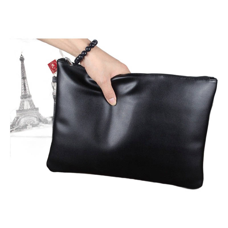 Grande pochette homme noire en cuir PU, avec dragonne 5 Grande pochette homme noire en cuir PU, avec dragonne, vue arriere