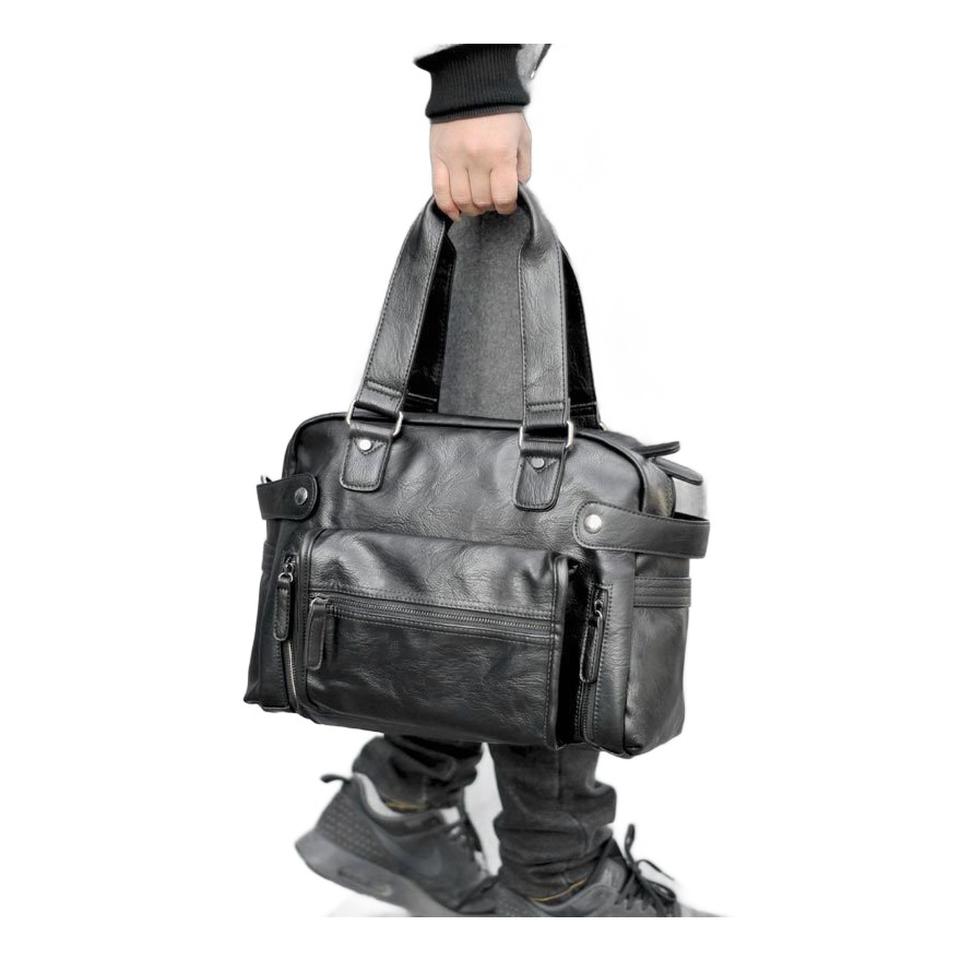 Grande sacoche bandoulière homme en cuir PU noir, deux anses 1 Grande sacoche bandoulière homme en cuir PU noir, deux anses, vue principale