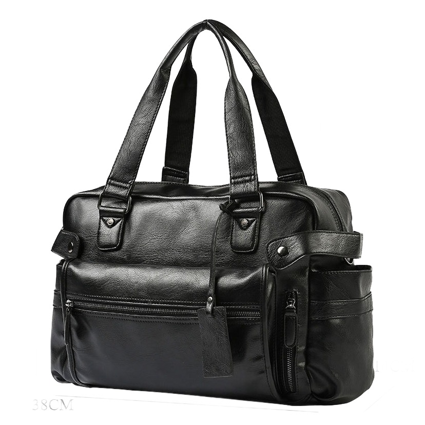 Grande sacoche bandoulière homme en cuir PU noir, deux anses 2 Grande sacoche bandoulière homme en cuir PU noir, deux anses, vue de trois quarts