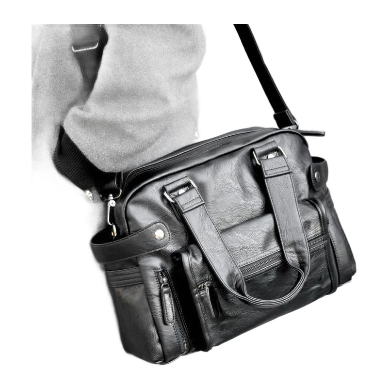Grande sacoche bandoulière homme en cuir PU noir, deux anses 4 Grande sacoche bandoulière homme en cuir PU noir, deux anses, detail