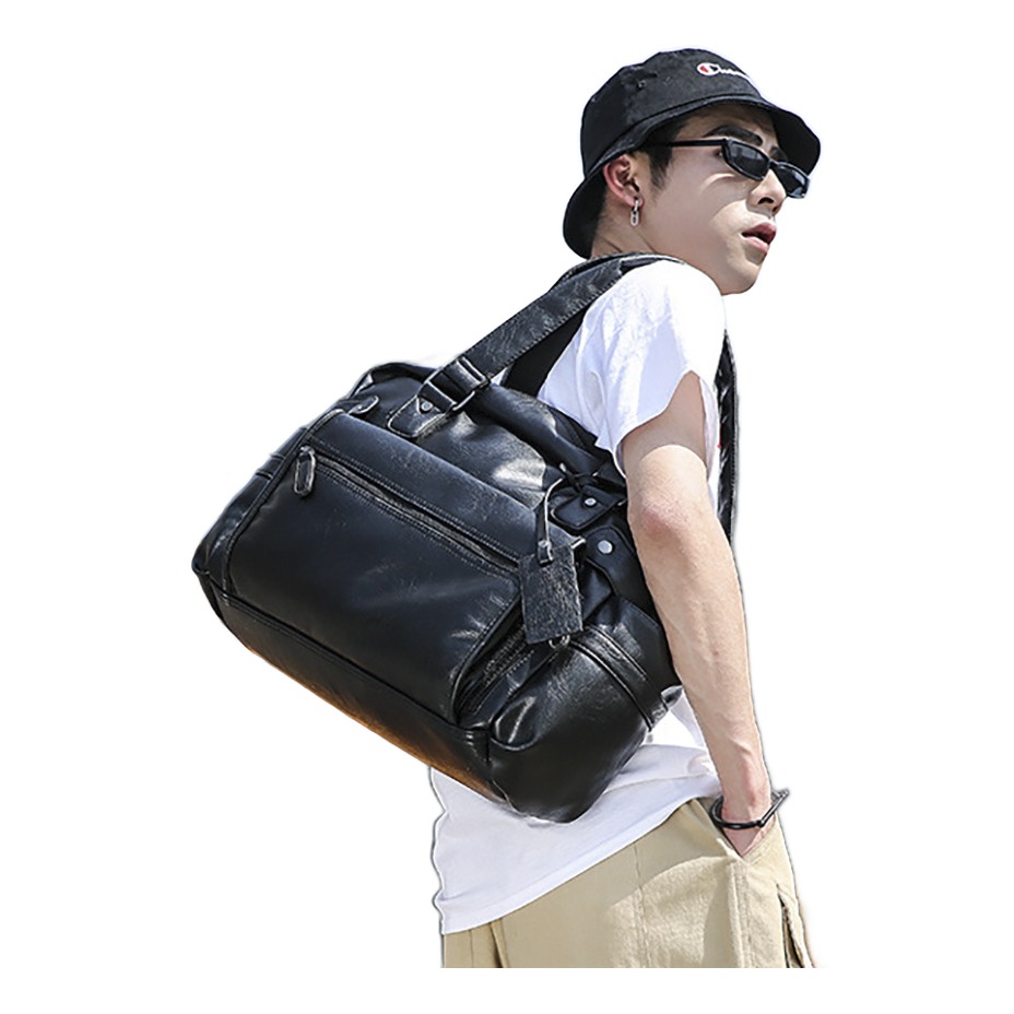 Grande sacoche bandoulière homme en cuir PU noir, deux anses 5 Grande sacoche bandoulière homme en cuir PU noir, deux anses, vue arriere