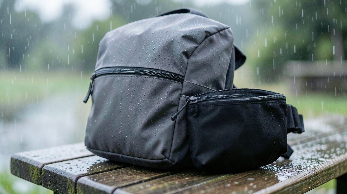 Différence entre imperméable et étanche : ce que tient vraiment un sac 1 Différence entre imperméable et étanche : un sac à dos gris en tissu enduit et une sacoche banane noire sous la pluie, gouttes d'eau sur le tissu, sur un banc en bois
