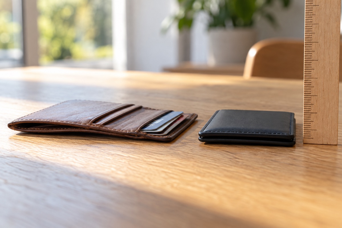 Meilleur portefeuille homme fin : épaisseur, poids et cartes des modèles comparés 1 Meilleur portefeuille homme fin : un portefeuille en cuir brun ouvert avec trois cartes et un porte-cartes noir posés à côté d'une règle en bois sur une table en chêne