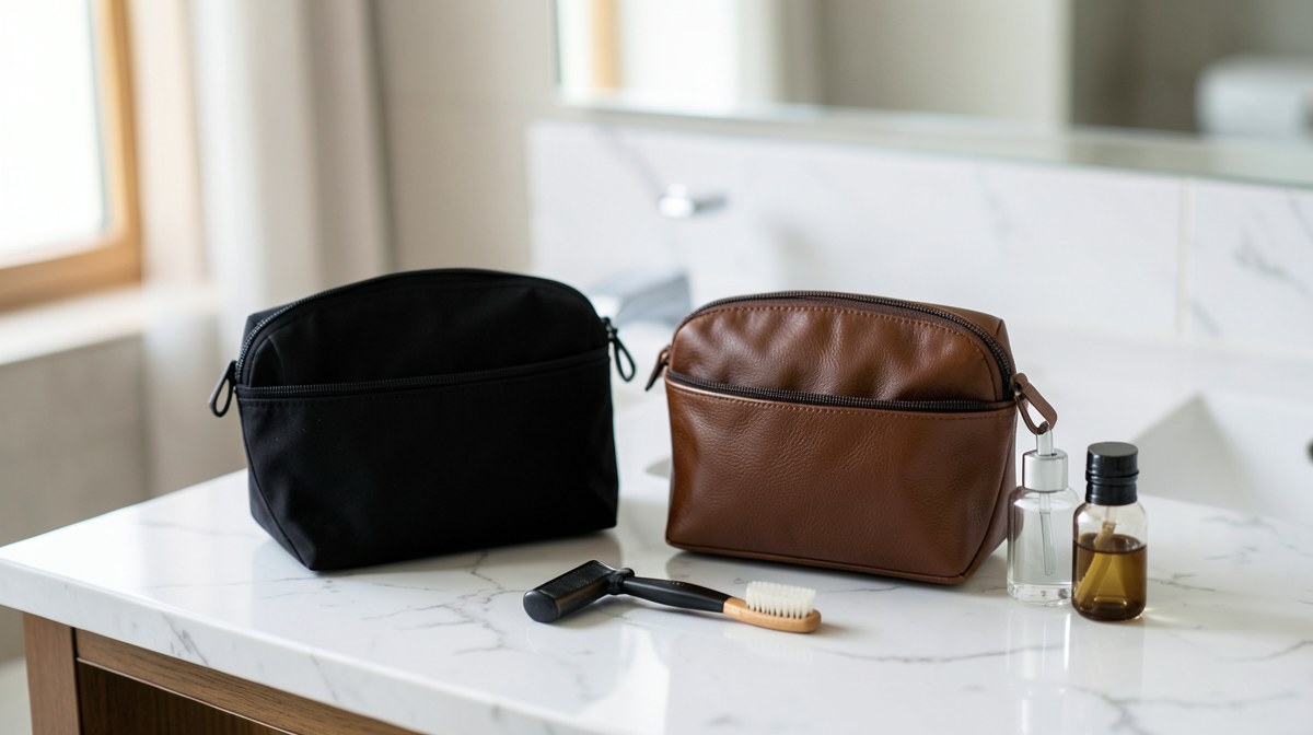 Meilleure trousse de toilette pour homme : le guide pour bien choisir 1 Meilleure trousse de toilette homme : une trousse en cuir PU noire et un sac de toilette en tissu posés sur un plan de vasque en marbre, avec un rasoir et des flacons