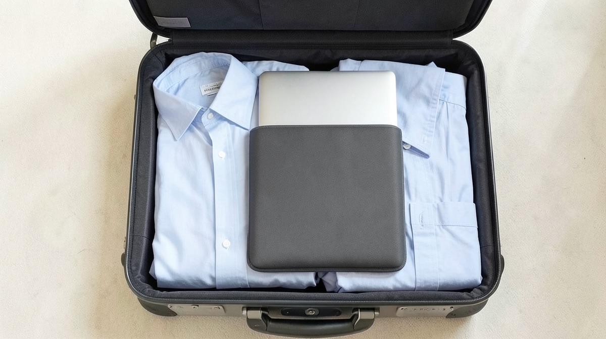 Ordinateur portable en soute : est-ce autorisé ? 1 Ordinateur en soute : ordinateur portable glissé dans sa housse au centre d'une valise