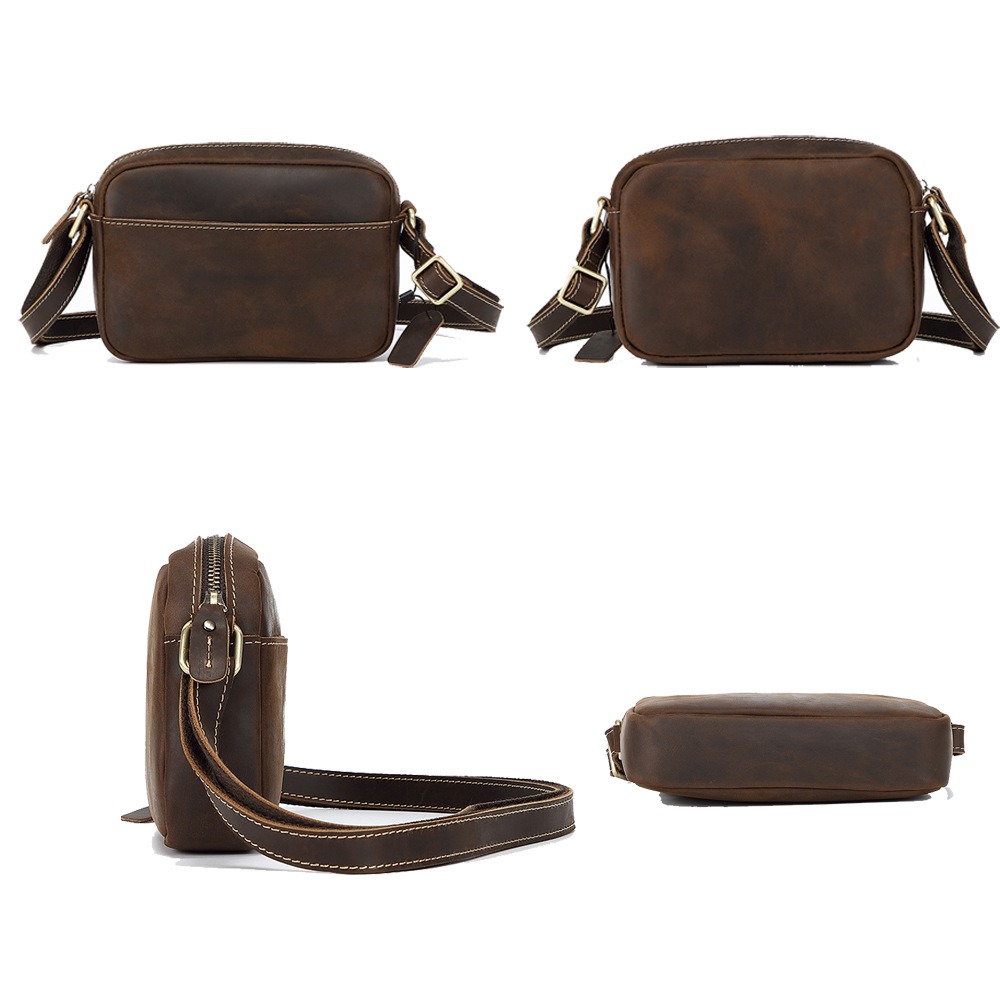 Petite sacoche homme cuir de vache Crazy Horse zippée 6 Petite sacoche homme cuir de vache Crazy Horse zippée, vue de profil