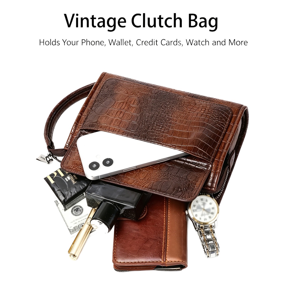 Pochette homme en cuir PU façon crocodile, poignée et poche à rabat 4 Pochette homme en cuir PU façon crocodile, poignée et poche à rabat, detail