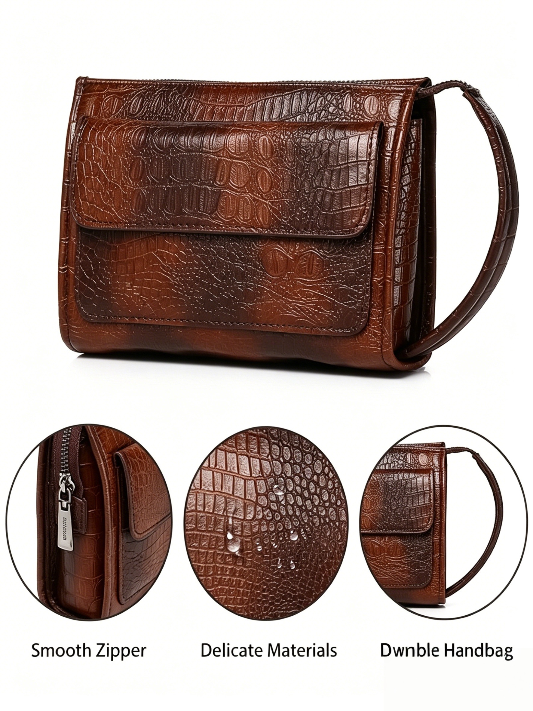 Pochette homme en cuir PU façon crocodile, poignée et poche à rabat 5 Pochette homme en cuir PU façon crocodile, poignée et poche à rabat, vue arriere