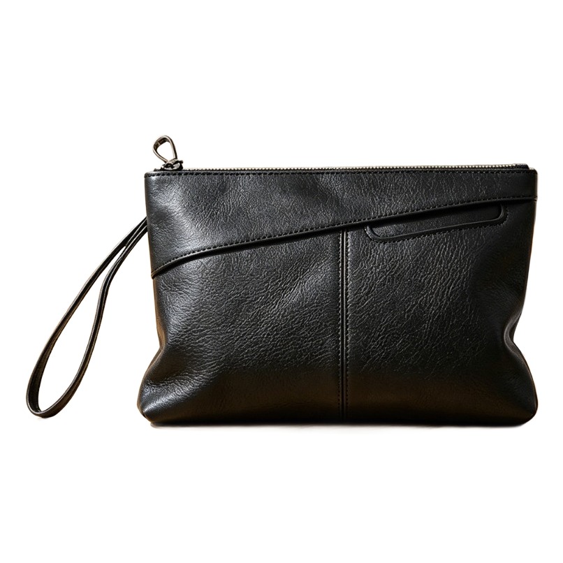 Pochette homme enveloppe en cuir PU noir à dragonne, 28 cm 2 Pochette homme enveloppe en cuir PU noir à dragonne, 28 cm, vue de trois quarts