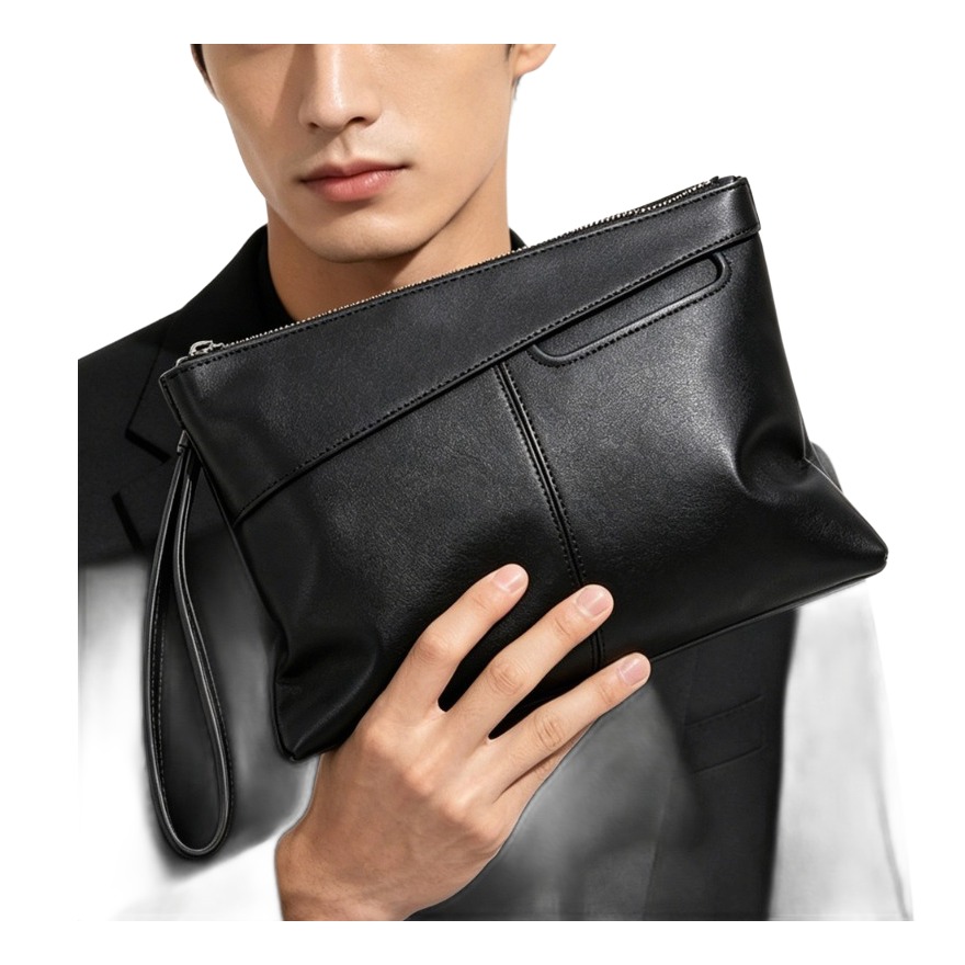 Pochette homme enveloppe en cuir PU noir à dragonne, 28 cm 5 Pochette homme enveloppe en cuir PU noir à dragonne, 28 cm, vue arriere
