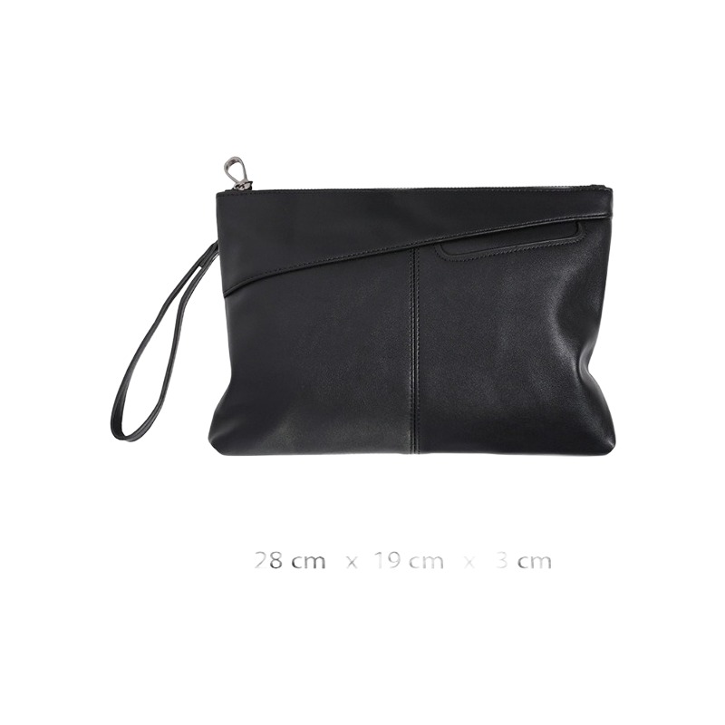 Pochette homme enveloppe en cuir PU noir à dragonne, 28 cm 6 Pochette homme enveloppe en cuir PU noir à dragonne, 28 cm, vue de profil