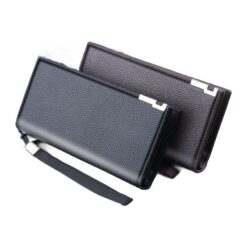 Pochette homme portefeuille long zippé à dragonne, cuir PU, vue de trois quarts