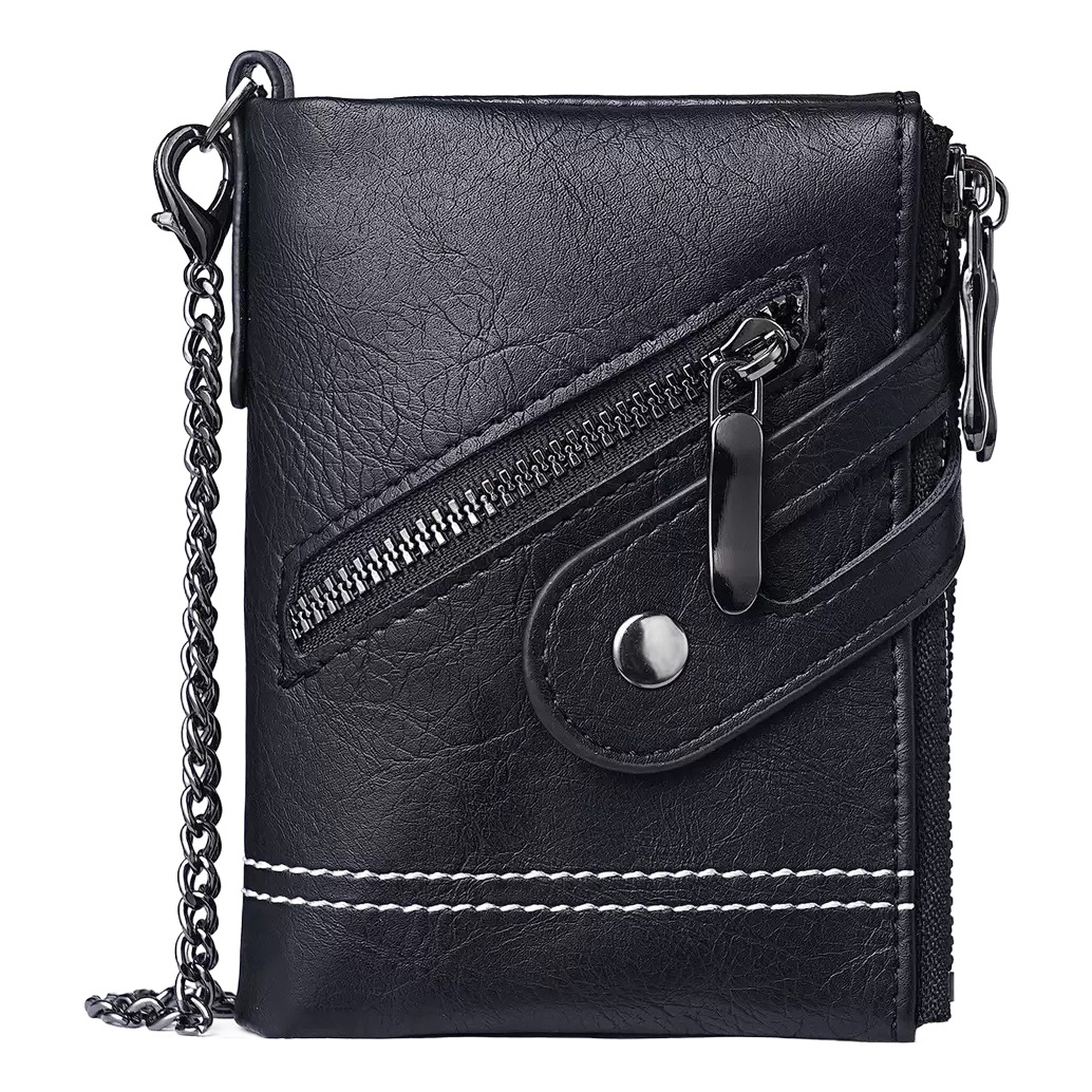 Portefeuille homme à chaîne, double zip et rabat, cuir PU 1 Portefeuille homme à chaîne, double zip et rabat, cuir PU, vue principale