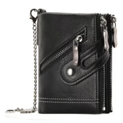 Portefeuille homme à chaîne, double zip et rabat, cuir PU, vue de trois quarts
