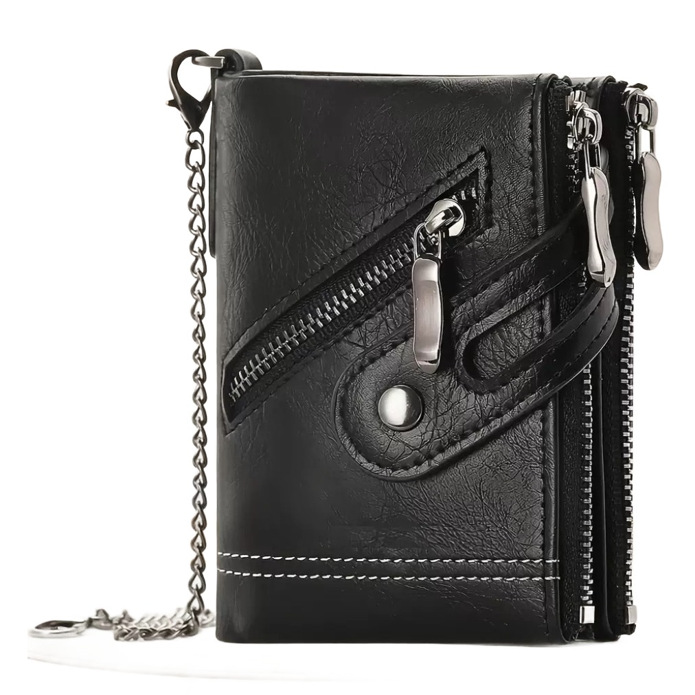 Portefeuille homme à chaîne, double zip et rabat, cuir PU 2 Portefeuille homme à chaîne, double zip et rabat, cuir PU, vue de trois quarts