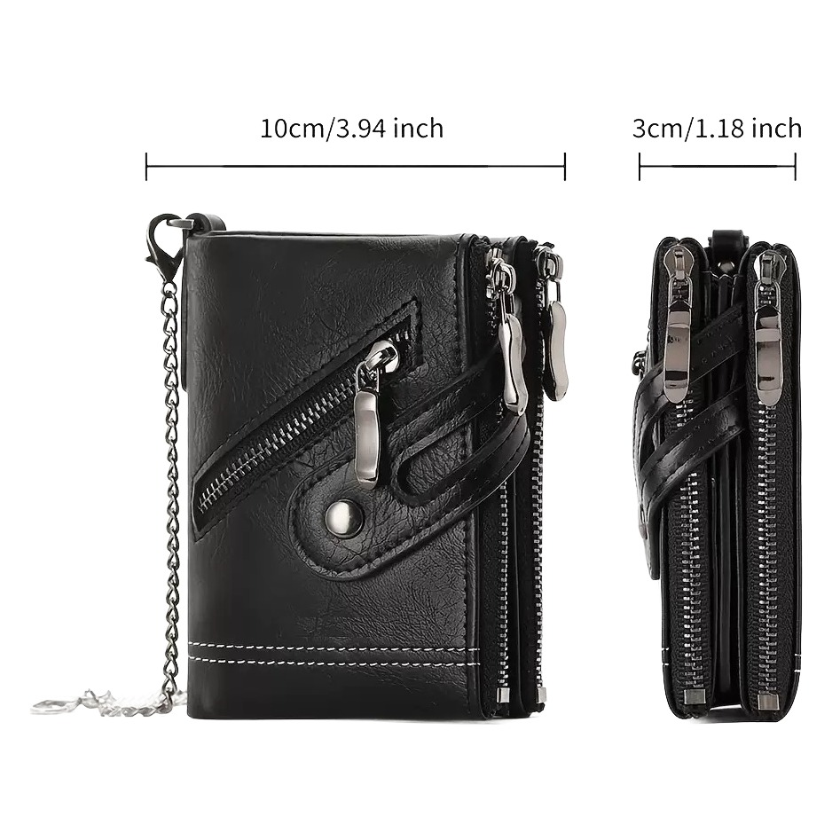 Portefeuille homme à chaîne, double zip et rabat, cuir PU 3 Portefeuille homme à chaîne, double zip et rabat, cuir PU, vue de face