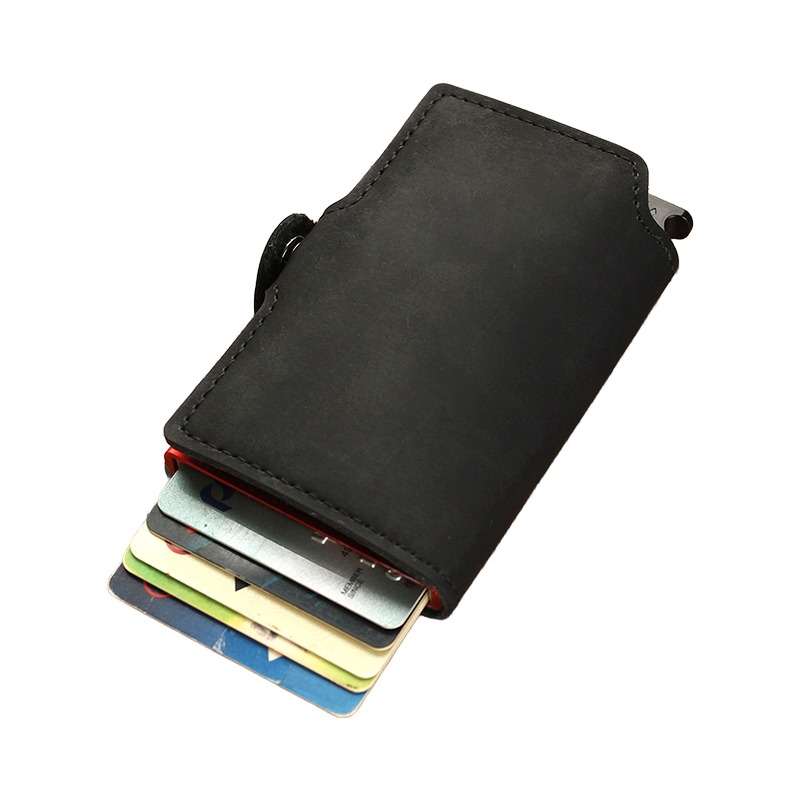 Portefeuille homme porte-cartes pop-up en cuir refendu, anti RFID 2 Portefeuille homme porte-cartes pop-up en cuir refendu, anti RFID, vue de trois quarts