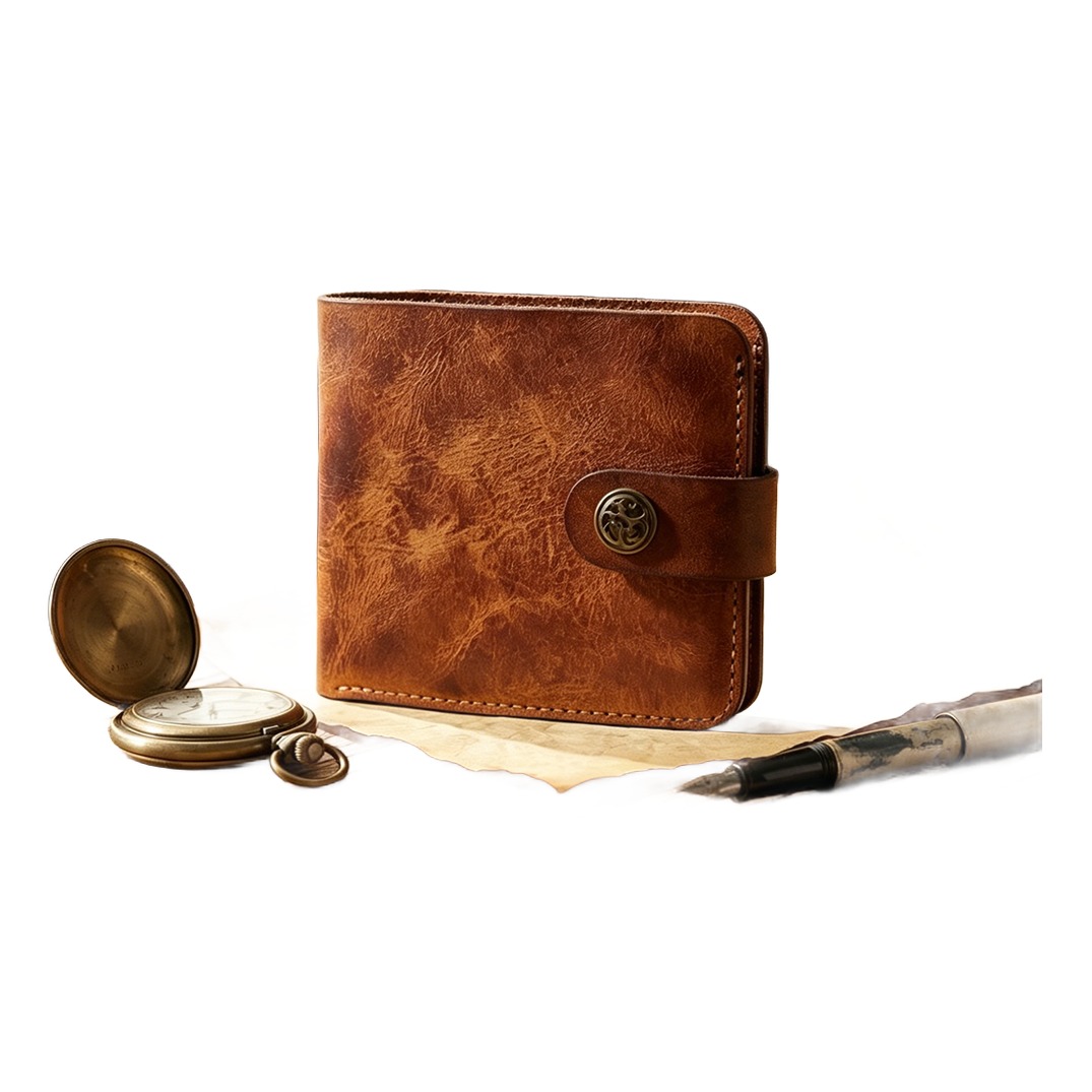 Portefeuille homme vintage en cuir de vache à bouton pression 3 Portefeuille homme vintage en cuir de vache à bouton pression, vue de face