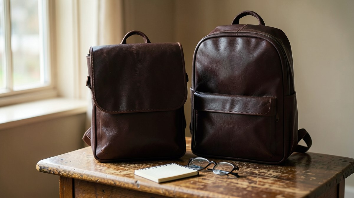 Sac à dos ou besace : quel format choisir pour un homme au quotidien 1 Sac à dos ou besace : une besace et un sac à dos en cuir marron foncé posés côte à côte sur une table en chêne, avec un carnet et des lunettes