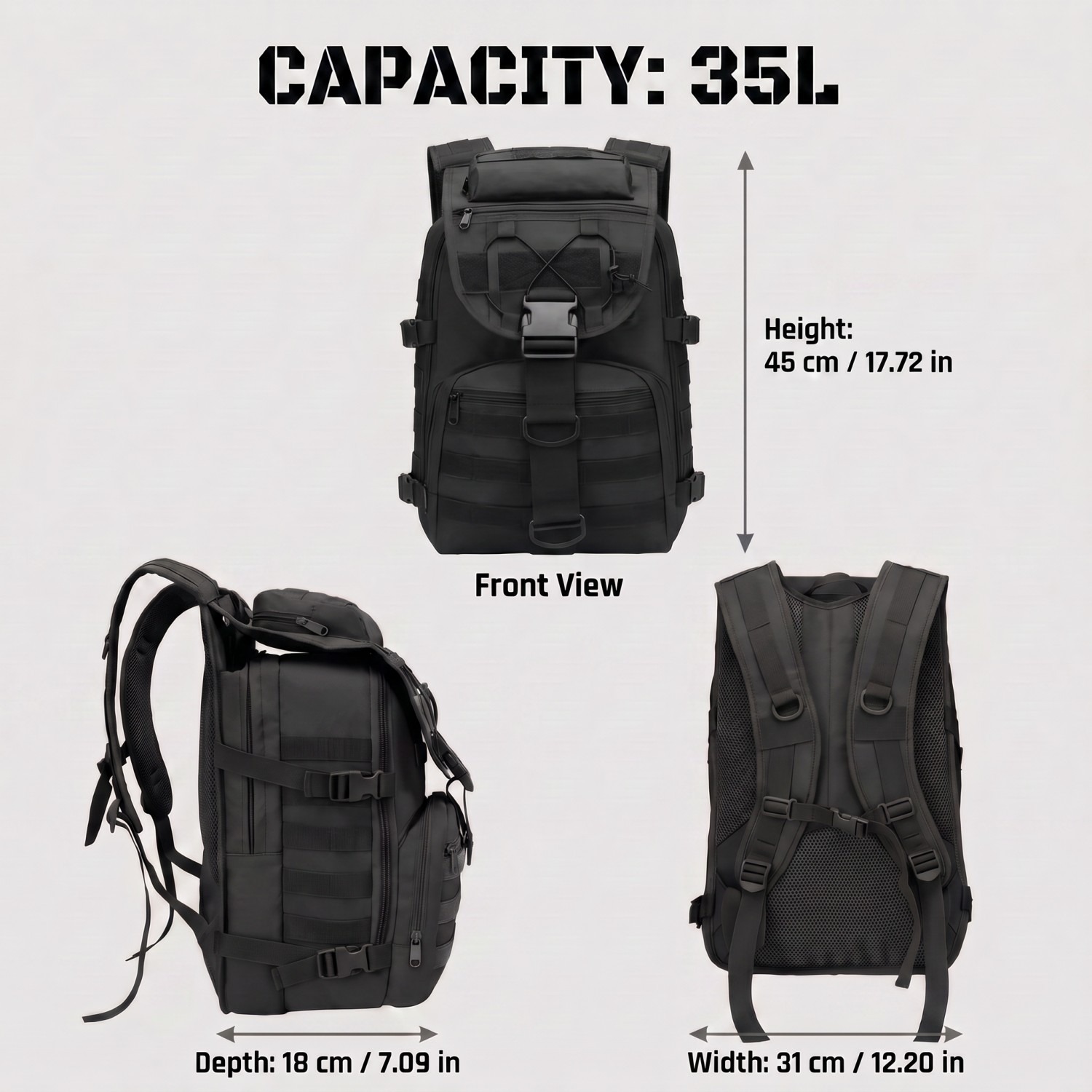 Sac à dos tactique homme 35 litres en polyester, sangles Molle 3 Sac à dos tactique homme 35 litres en polyester, sangles Molle, vue de face