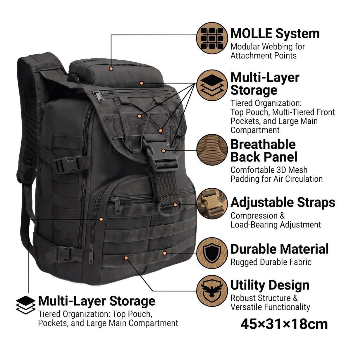 Sac à dos tactique homme 35 litres en polyester, sangles Molle 4 Sac à dos tactique homme 35 litres en polyester, sangles Molle, detail