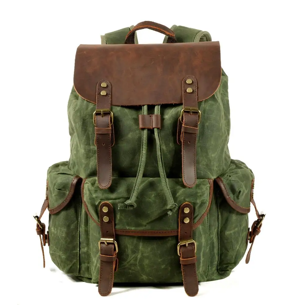 Sac à dos vintage homme en toile cirée, rabat en cuir de vachette 5 Sac à dos vintage homme en toile cirée, rabat en cuir de vachette, vue arriere