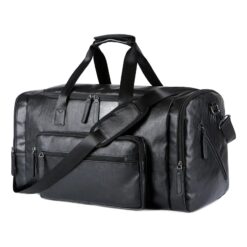 Sac de voyage homme cuir PU rétro, poches et bandoulière, vue de trois quarts