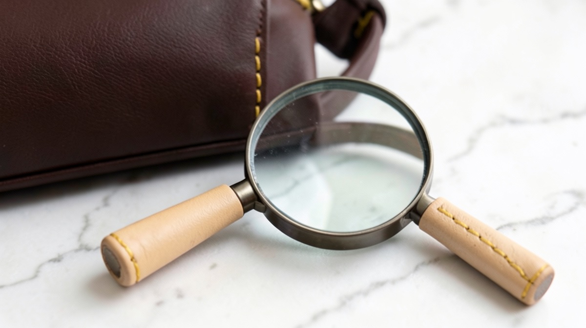 How to tell if a Louis Vuitton bag is real: magnifying glass over the stitching of a brown leather bag