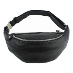 Sacoche banane homme en cuir de vache noir, deux poches zippées, vue principale