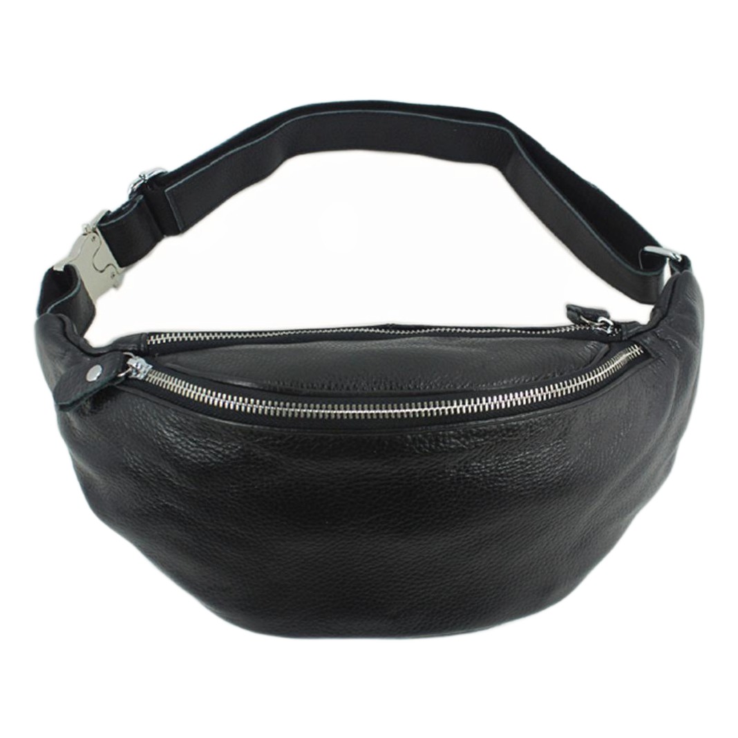 Sacoche banane homme en cuir de vache noir, deux poches zippées 1 Sacoche banane homme en cuir de vache noir, deux poches zippées, vue principale