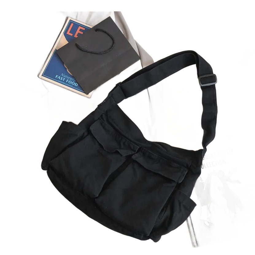 Sacoche bandoulière homme en toile, grande besace multipoche 2 Sacoche bandoulière homme en toile, grande besace multipoche, vue de trois quarts