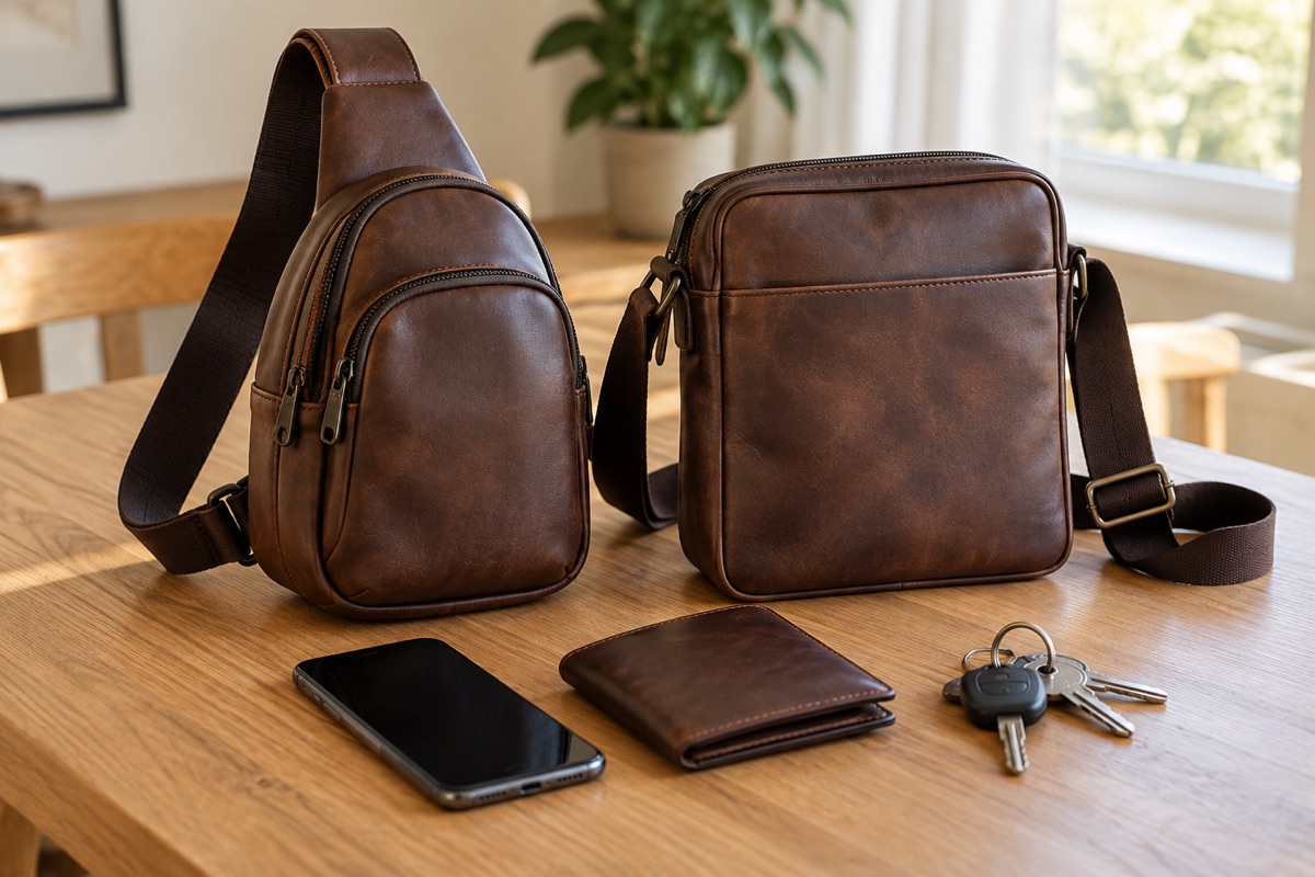 Sacoche bandoulière ou poitrine : laquelle choisir pour un homme 1 Sacoche bandoulière ou poitrine : une sacoche de poitrine arrondie et une sacoche bandoulière verticale en cuir brun sur une table en chêne, avec un téléphone, un portefeuille et des clés