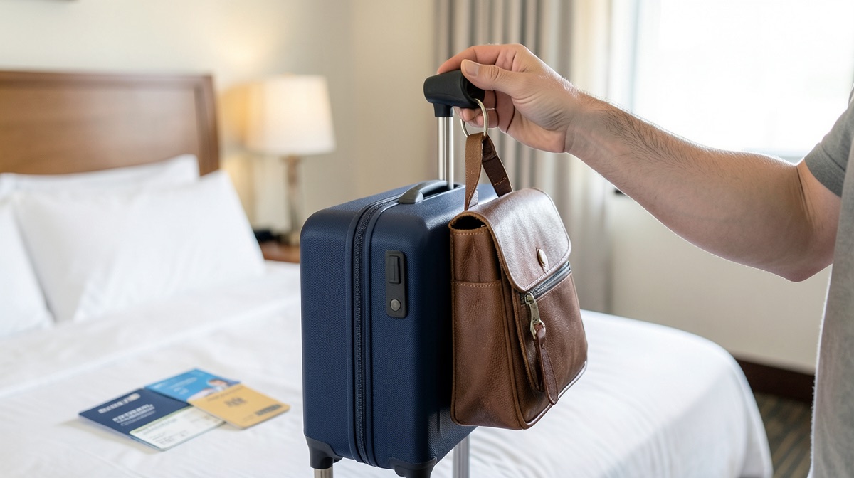 Quel poids pour un sac cabine avion ? 3 Carry-on weight limit: a man lifts a navy cabin suitcase with a brown leather messenger bag clipped to its handle in a hotel room