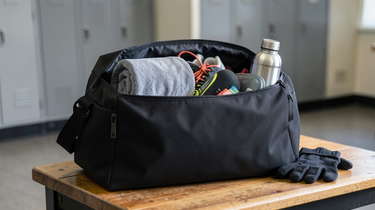 Que mettre dans sac de sport homme ? 3 Gym bag essentials: open black duffel on a locker room bench with shoes, towel, water bottle and lifting gloves