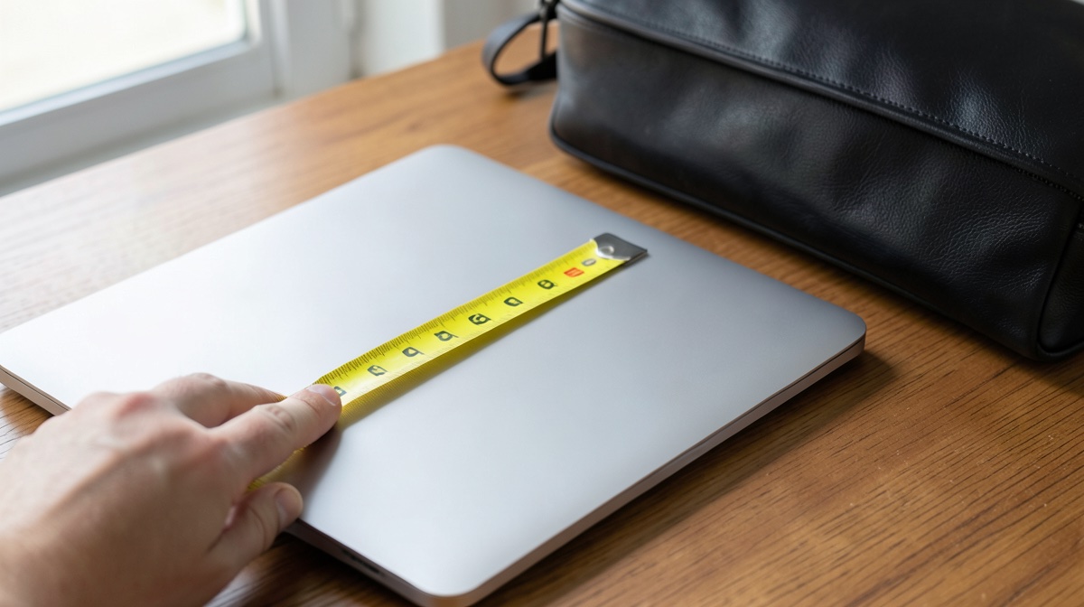 Quelle taille de sacoche pour ordinateur portable ? 3 How to measure laptop size with a tape measure across a closed laptop next to a leather bag