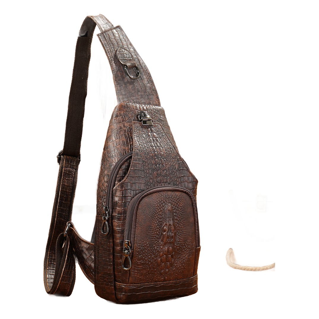 Sacoche poitrine homme cuir gaufré façon croco, sangle élargie 1 Sacoche poitrine homme cuir gaufré façon croco, sangle élargie, vue principale