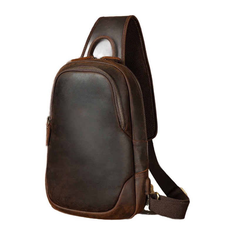 Sacoche poitrine homme en cuir véritable avec port USB, deux tailles 1 Sacoche poitrine homme en cuir véritable avec port USB, deux tailles, vue principale