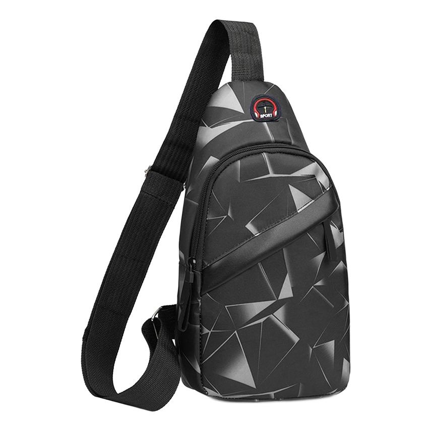 Sacoche poitrine homme en nylon noir à motif géométrique 1 Sacoche poitrine homme en nylon noir à motif géométrique, vue principale