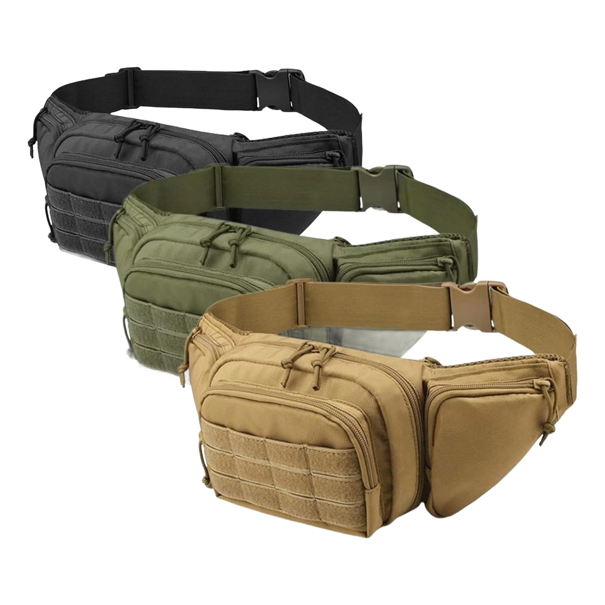 Sacoche tactique homme banane multipoche en nylon 2 Sacoche tactique homme banane multipoche en nylon, vue de trois quarts