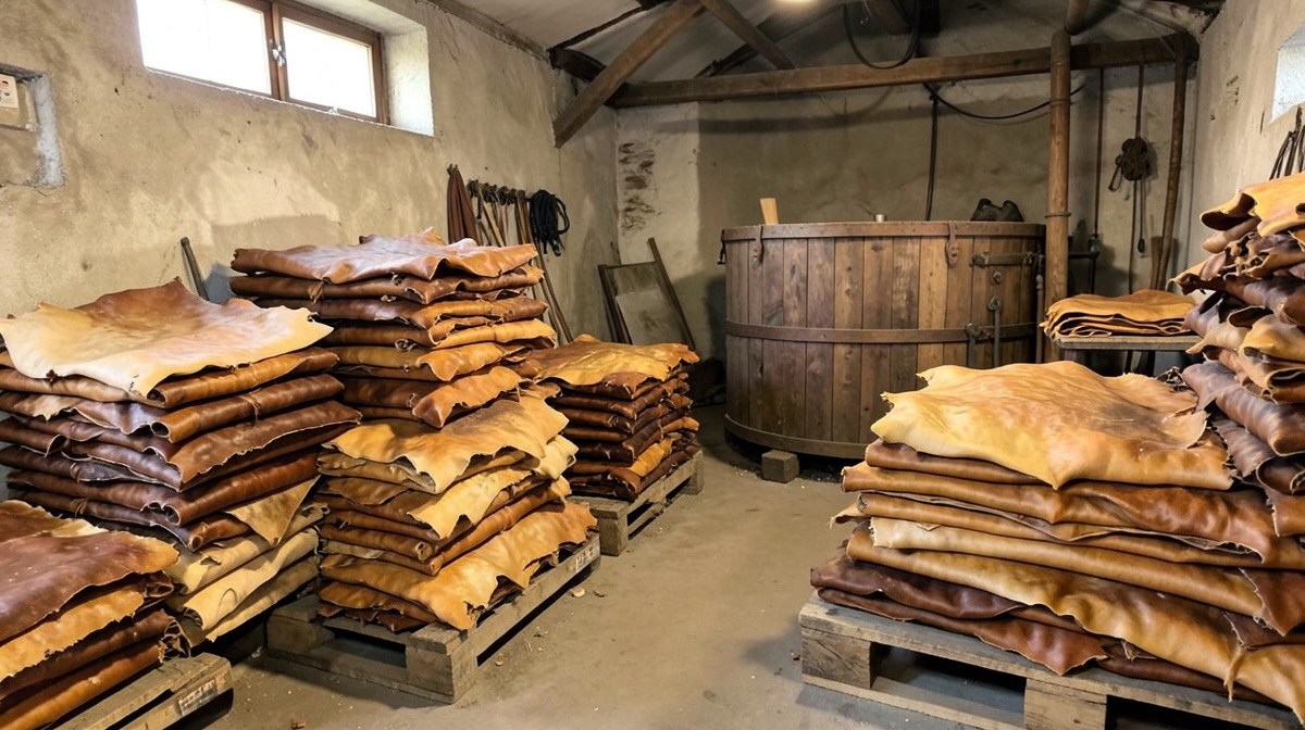 Tannage du cuir : comment la peau devient du cuir 1 Tannage du cuir : peaux tannées empilées dans un atelier de tannerie