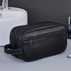 Trousse de toilette homme double compartiment en cuir PU, vue de trois quarts