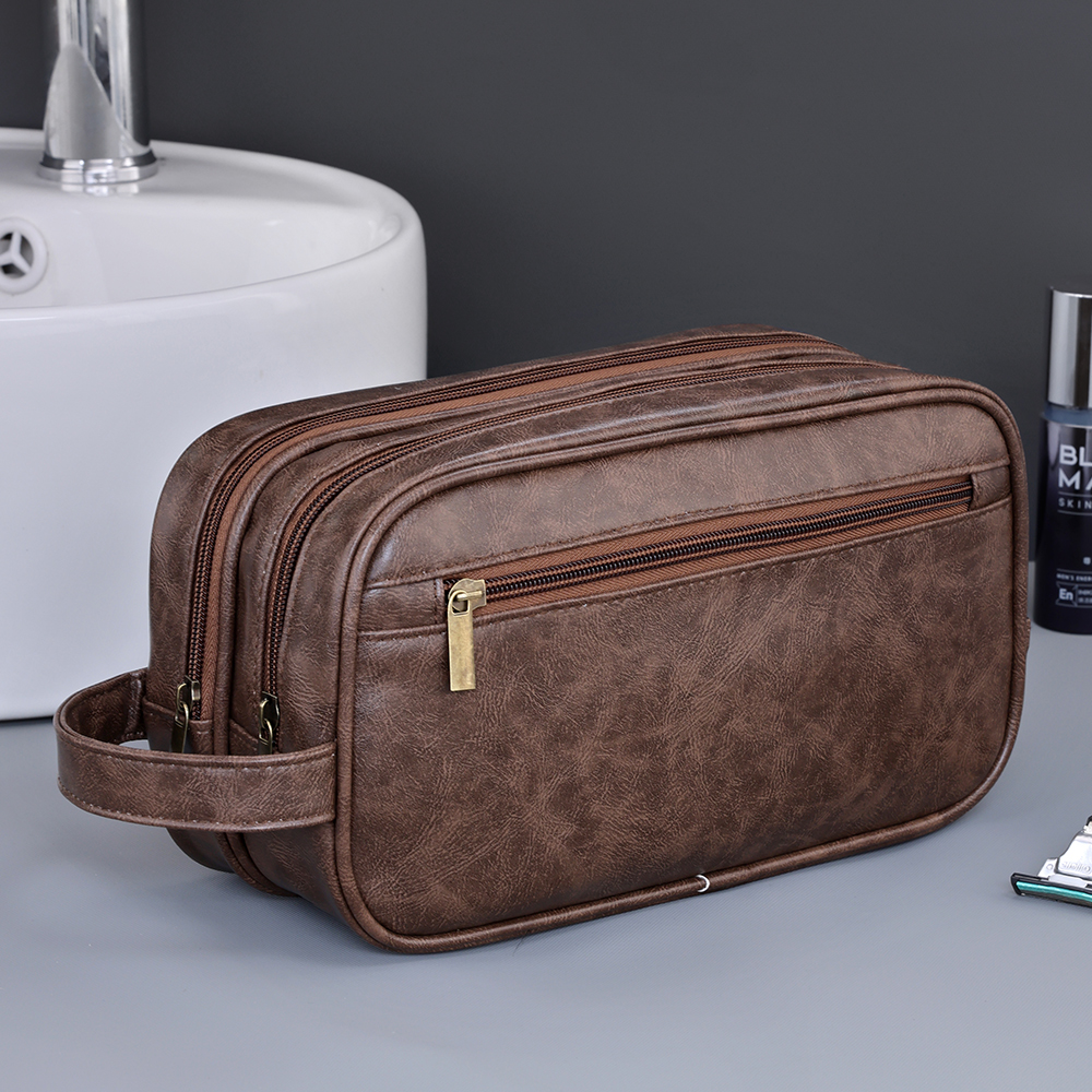 Trousse de toilette homme double compartiment en cuir PU 3 Trousse de toilette homme double compartiment en cuir PU, vue de face