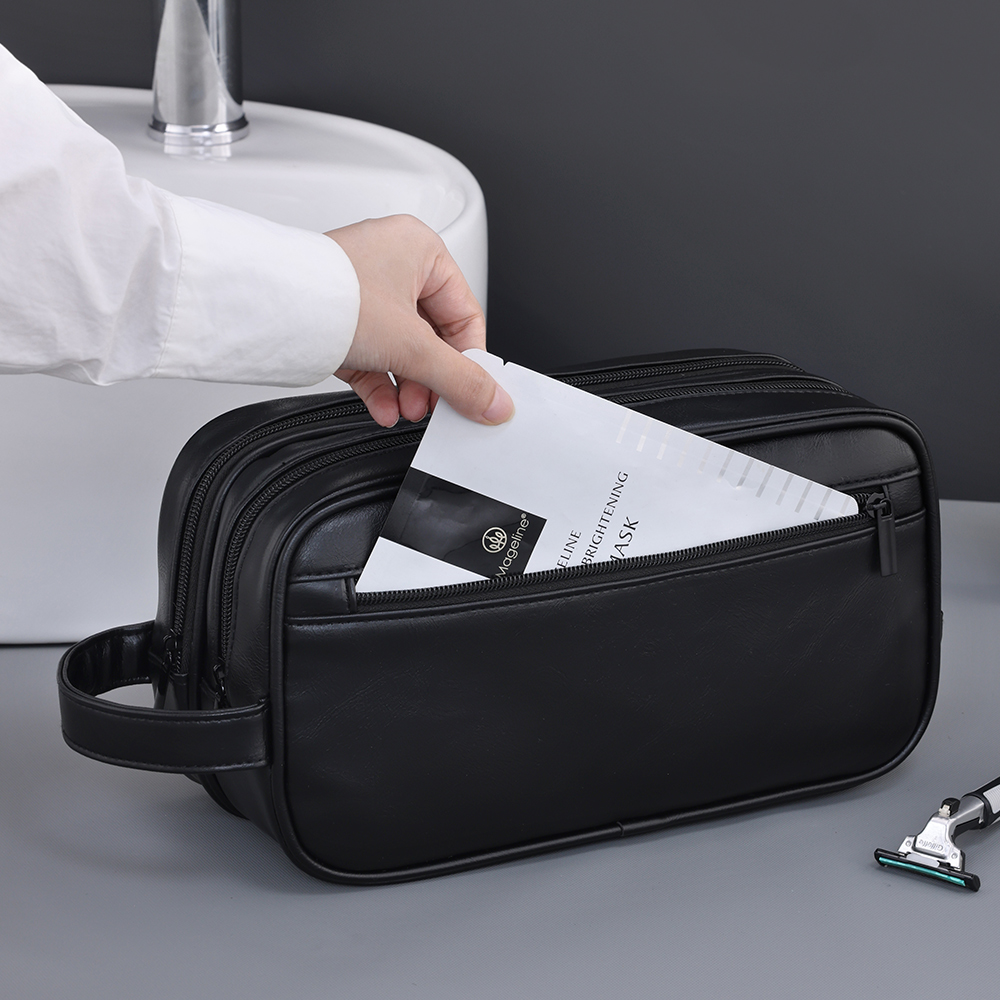 Trousse de toilette homme double compartiment en cuir PU 6 Trousse de toilette homme double compartiment en cuir PU, vue de profil