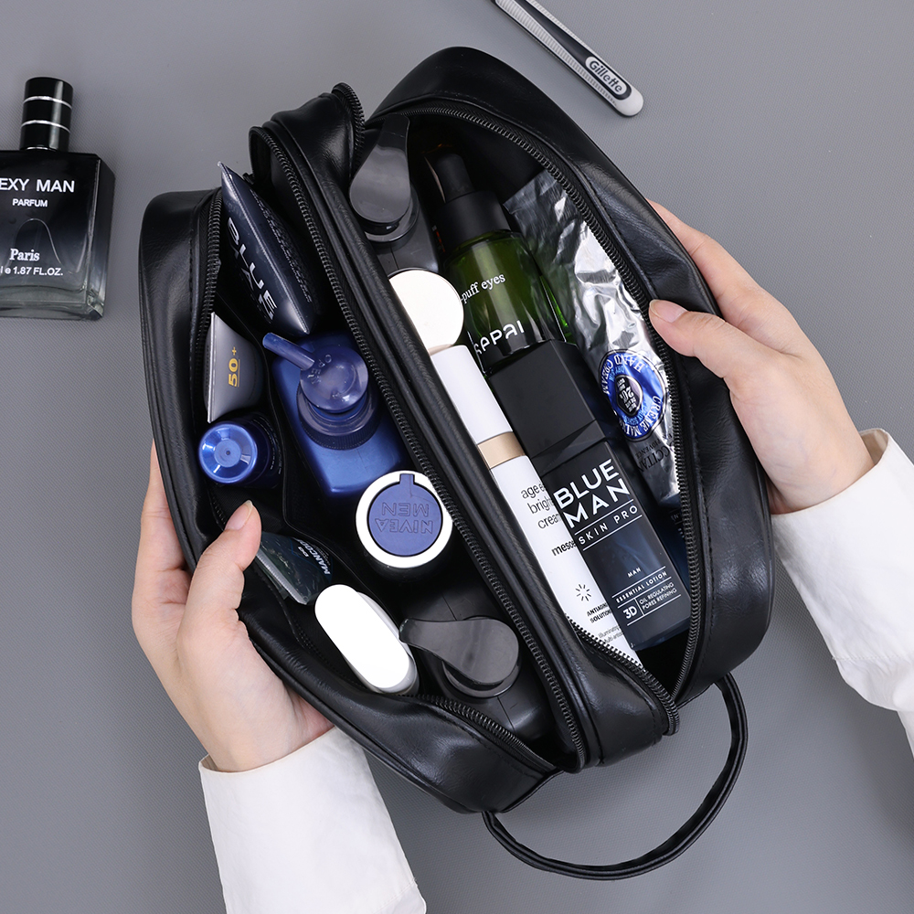 Trousse de toilette homme double compartiment en cuir PU 7 Trousse de toilette homme double compartiment en cuir PU, vue d ensemble